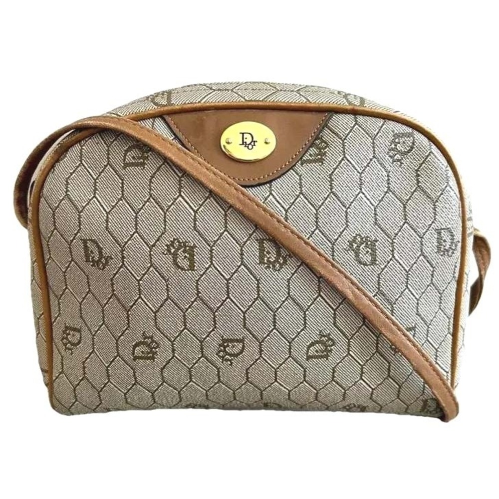 Christian Dior Vintage Honeycomb Monogram Crossbody Bag Beige Tan Leather‎ Trim